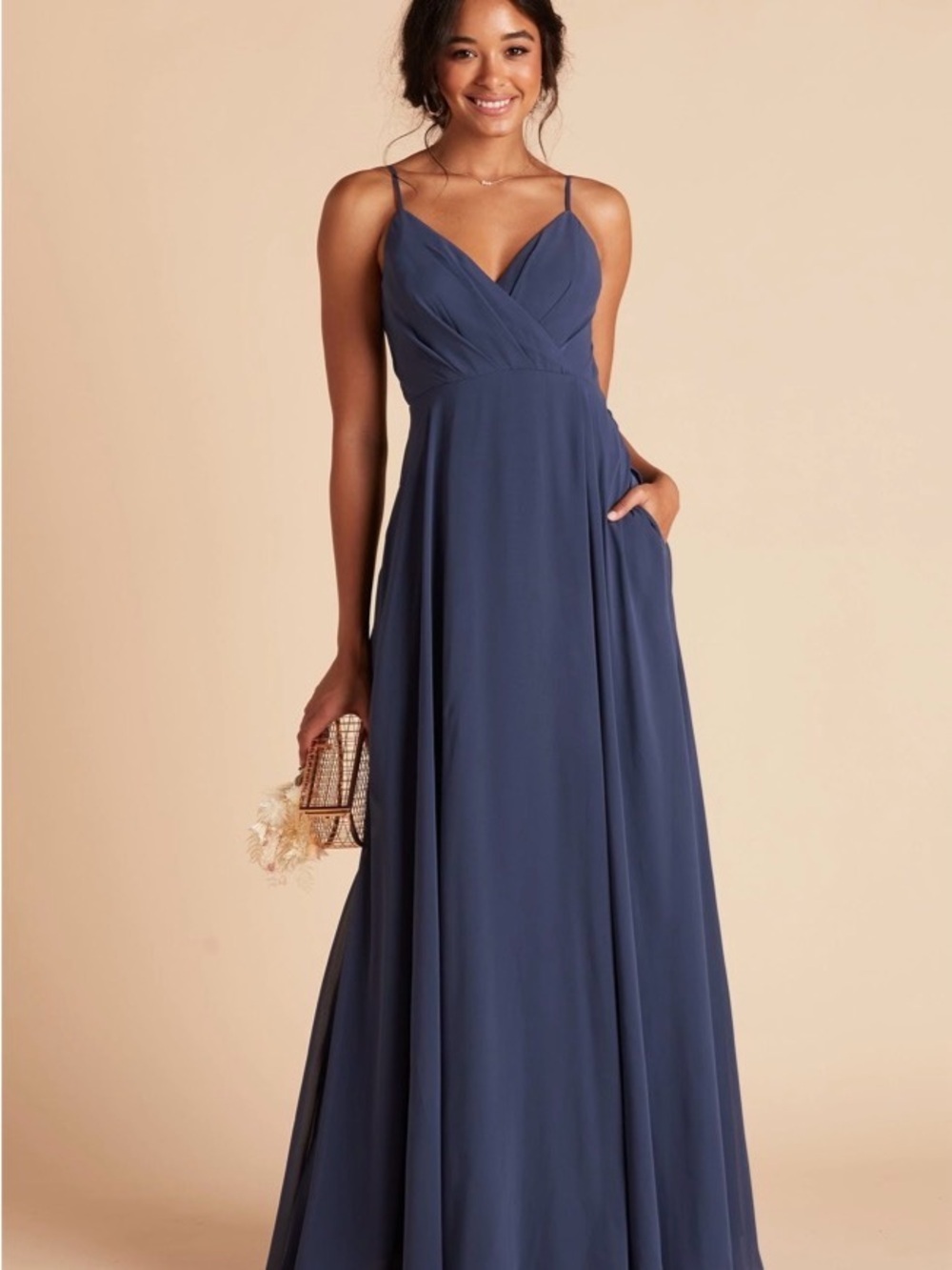 Birdy Grey Navy V-Neck Spaghetti-Strap Chiffonโ Kaia Maxi Dress Elegant SZ Small